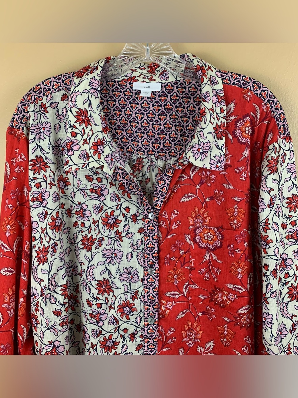 J Jill Shirt Womens 4X Red Colorblock Floral Button Up Cotton Long Sleeve Boho - Picture 2 of 12
